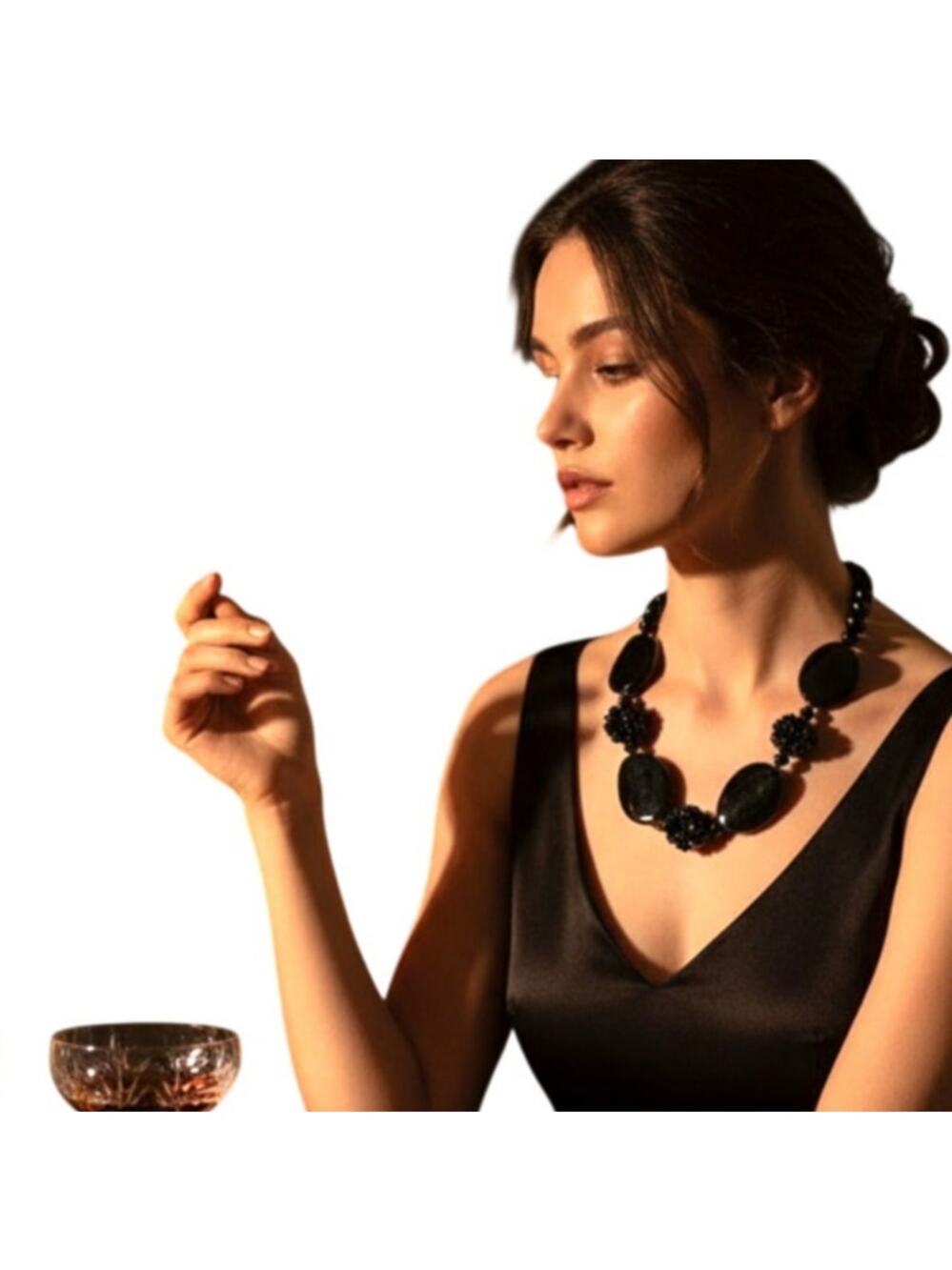 Vintage Black Glass Cluster Statement Necklace - Faceted Cocktail Jewelry